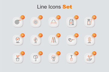 Set line Leaf in hand, Shovel, Tree, Bird house, Plant pot, Flower, garden blower and Wooden staircase icon. Vector