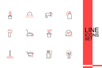 Set line Tree, Garden sprayer for water, Wheelbarrow, rake, Leaf, Plant in pot, Lawn mower and Wooden axe icon. Vector