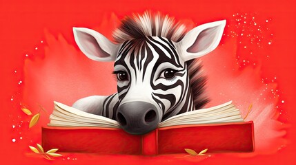  a painting of a zebra reading a book with red background.  generative ai