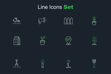 Set line Garden pitchfork, Flower tulip, trowel spade shovel, Shovel, Location with leaf, Plant in pot and Pack full of seeds icon. Vector
