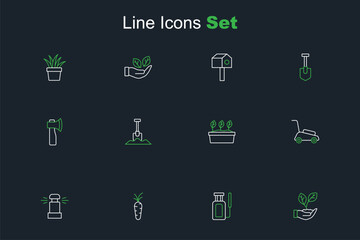 Set line Leaf in hand, Garden sprayer for water, Carrot, Automatic irrigation sprinklers, Lawn mower, Plant pot, Shovel and Wooden axe icon. Vector