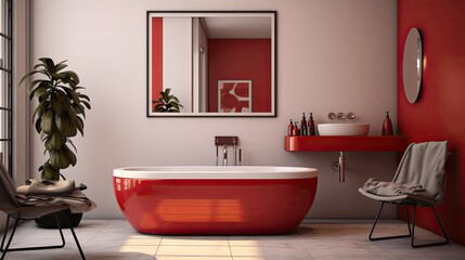 Fototapeta na wymiar a bathroom with a red bathtub and a mirror on the wall. generative ai