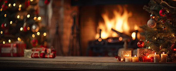 decorations around the Christmas tree by a fire place at home
