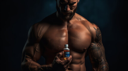 Fototapeta na wymiar Bodybuilder on steroids holds a flask for doping agent 