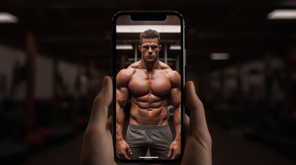 Fototapeta na wymiar Bodybuilder on steroids illustrated in a smartphone frame