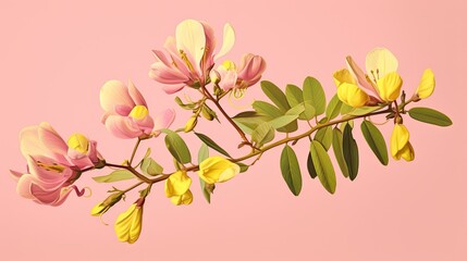  a branch of a plant with flowers on a pink background. generative ai