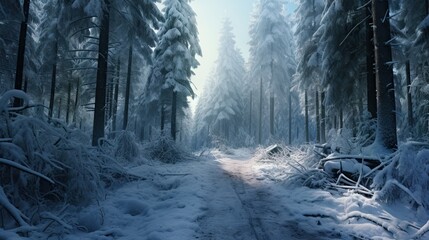 a snow covered road in a forest with lots of trees.  generative ai