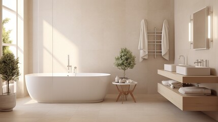 Fototapeta na wymiar a white bath tub sitting next to a window in a bathroom. generative ai