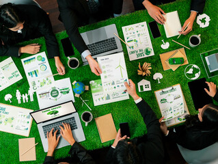 Panorama top view of business people planning business marketing with environmental responsibility...