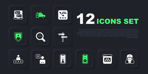 Set Taxi mobile app, driver, Search taxi, Life insurance with shield, car and license icon. Vector