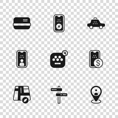 Set Road traffic sign, Mobile banking, Taxi client, mobile app, car, Credit card, and driver license icon. Vector