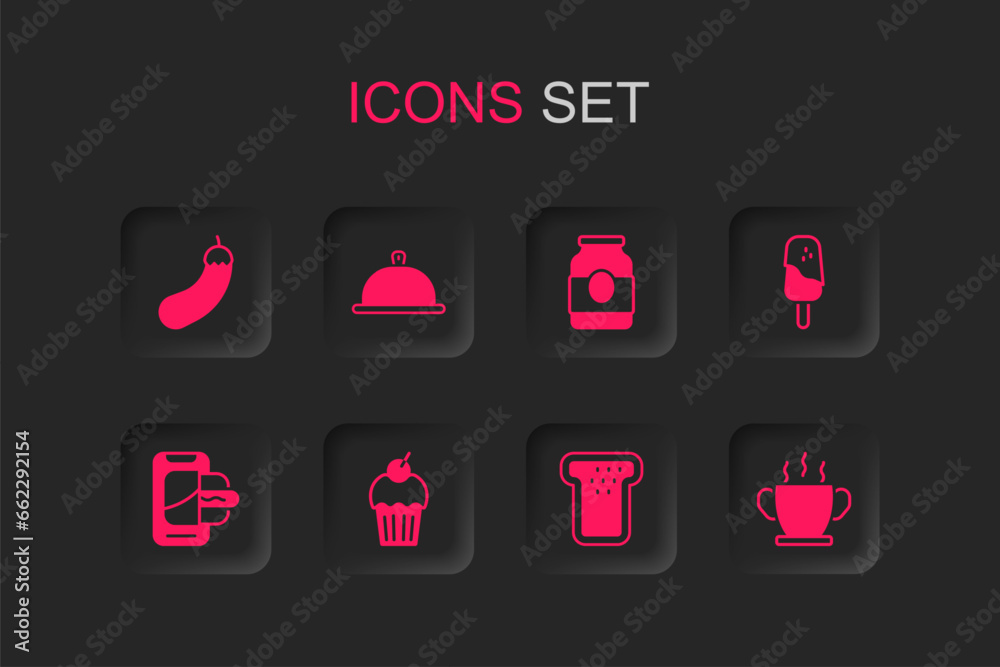 Canvas Prints Set Muffin, Covered with tray of food, Eggplant, Bread toast, Ice cream, Bowl hot soup, Jam jar and Food ordering on mobile icon. Vector