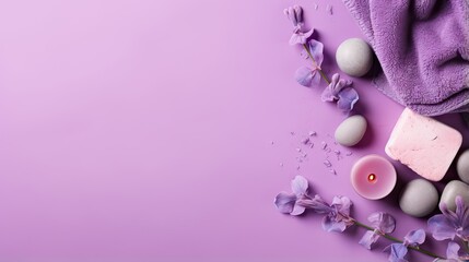  a purple towel, soap, and flowers on a purple background.  generative ai