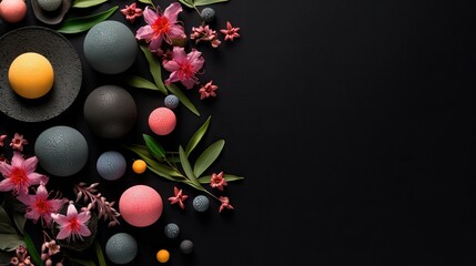 Obraz na płótnie Canvas a black background with flowers, eggs, and a hat. generative ai