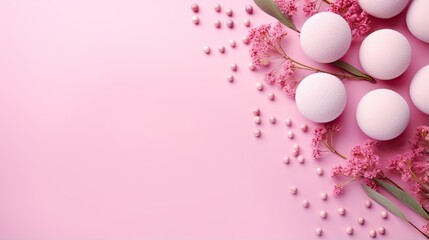  a pink background with eggs and flowers on a pink surface.  generative ai