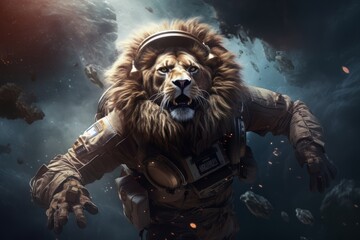 a big cat lion wearing an astronaut suit and helm floating in the colorful space universe, nebula behind - obrazy, fototapety, plakaty