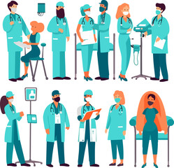 Vector illustrations of doctors, nurses, surgeons, and other healthcare providers in different medical settings