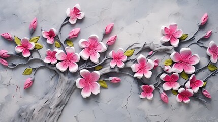  a painting of a tree with pink flowers on a gray background.  generative ai