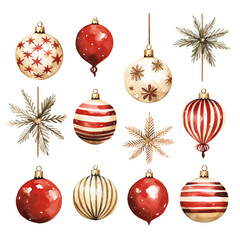 Set of isolated christmas vintage ornament decoration in watercolor painting style.