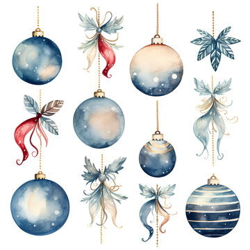 Set of isolated christmas vintage ornament decoration in watercolor painting style.