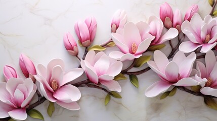  a group of pink flowers on a white marble background with green leaves.  generative ai