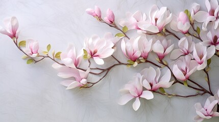  a branch of pink flowers with green leaves on a white background.  generative ai