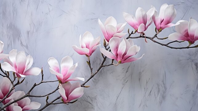  a branch of pink and white flowers on a marble background.  generative ai