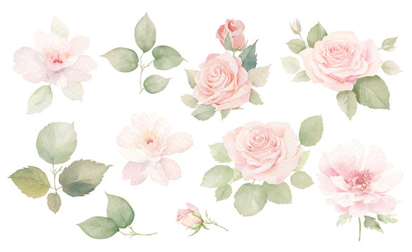 Watercolor pink rose flower and leaf clipart. Floral borders, botanical corner border, bouquets, wreaths, arrangements, wedding invitations, anniversary, birthday, postcards, greetings, card