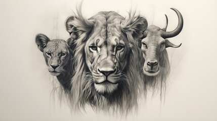  a pencil drawing of three lions and a lion's head.  generative ai