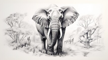  a drawing of an elephant standing in a field with trees.  generative ai