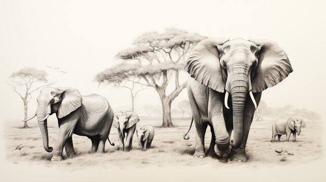  a pencil drawing of a herd of elephants in a field.  generative ai