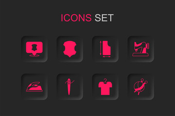 Set Needle for sewing with thread, Leather, T-shirt on hanger, Sewing machine, Yarn ball knitting needles, pattern and Electric iron icon. Vector