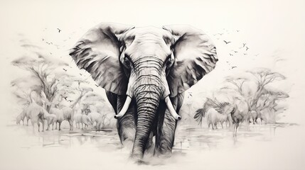  a drawing of an elephant in the water with birds flying around.  generative ai - obrazy, fototapety, plakaty