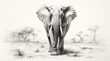  a drawing of an elephant walking through a field of trees.  generative ai