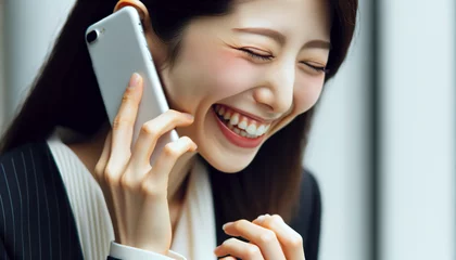 Fotobehang iPhoneを手に電話をしている笑顔の日本人ビジネスウーマンの写真風のイメージ画像です。女性の肌のきめ細やかな質感が強調されています © 秋始 原島