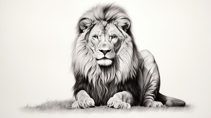  a black and white drawing of a lion laying down on the ground.  generative ai