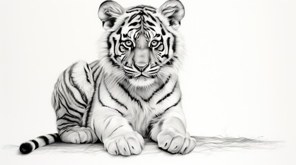  a black and white drawing of a tiger laying on the ground.  generative ai
