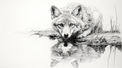 a drawing of a wolf resting on a log in the water.  generative ai