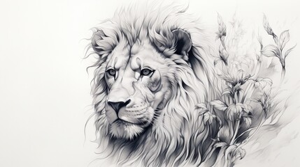  a black and white drawing of a lion's face.  generative ai - obrazy, fototapety, plakaty
