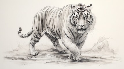 Fototapeta premium a pencil drawing of a tiger on a white paper background. generative ai