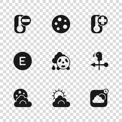 Set Sun and cloud weather, Rooster vane, Weather forecast app, Acid rain radioactive, Thermometer, Moon and Compass west icon. Vector
