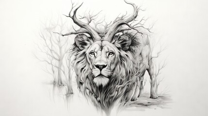  a drawing of a lion with horns and trees in the background.  generative ai