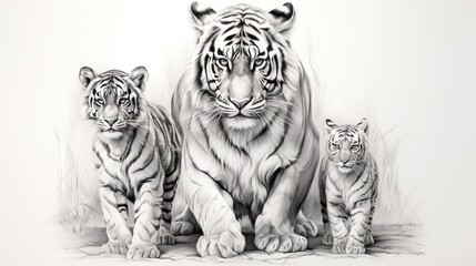  a drawing of two tigers and a baby tiger standing next to each other.  generative ai
