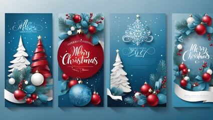 Merry Christmas modern card set elements greeting text lettering blue background vector.