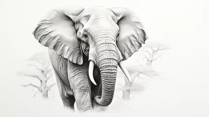 Foto op Aluminium  a drawing of an elephant in a white background with trees in the background.  generative ai © Jevjenijs