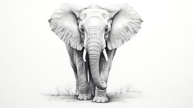  a pencil drawing of an elephant standing in the grass and looking straight ahead.  generative ai