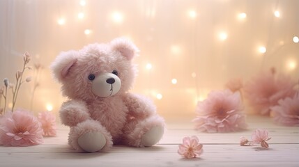  a pink teddy bear sitting on a table with pink flowers.  generative ai