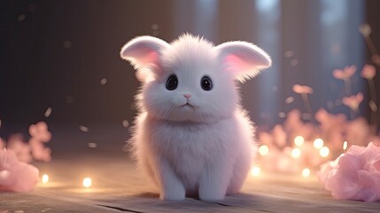  a small white rabbit sitting on a wooden floor next to flowers.  generative ai