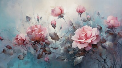  a painting of pink flowers on a blue and white background.  generative ai
