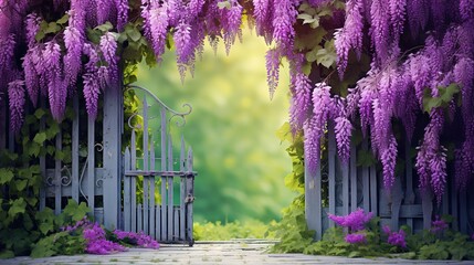  a gate with a bunch of purple flowers growing on it.  generative ai